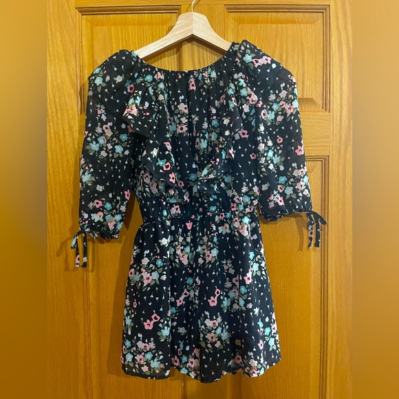 Justice Girls Black Pink Green Floral Chiffon Ruffle 3/4 Sleeve Romper Size 10 - Picture 3 of 4